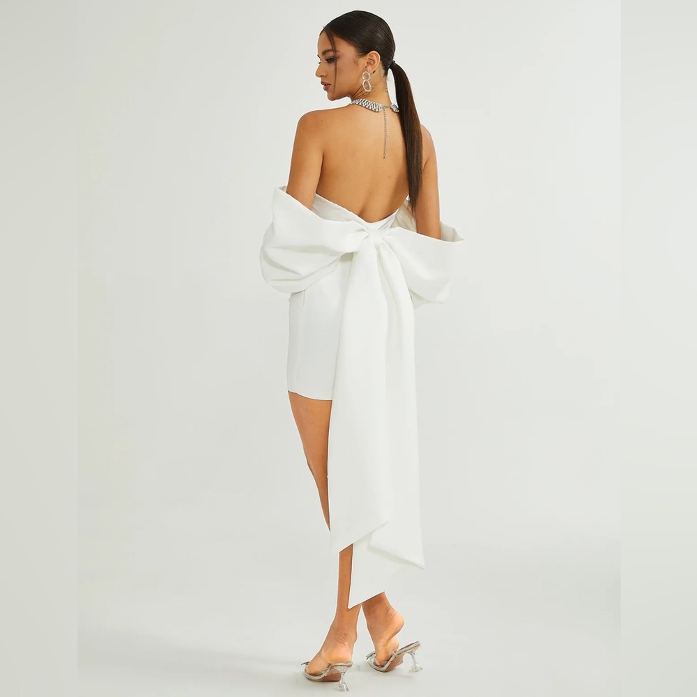 Strapless White Mini Dress with Dramatic Bow Back